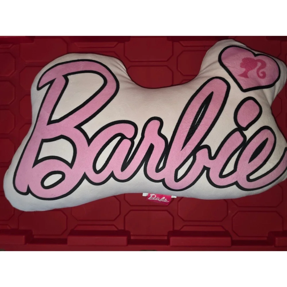 Barbie Logo Decorative Plush Pillow Pink White Heart Silhouette Mattel Franco